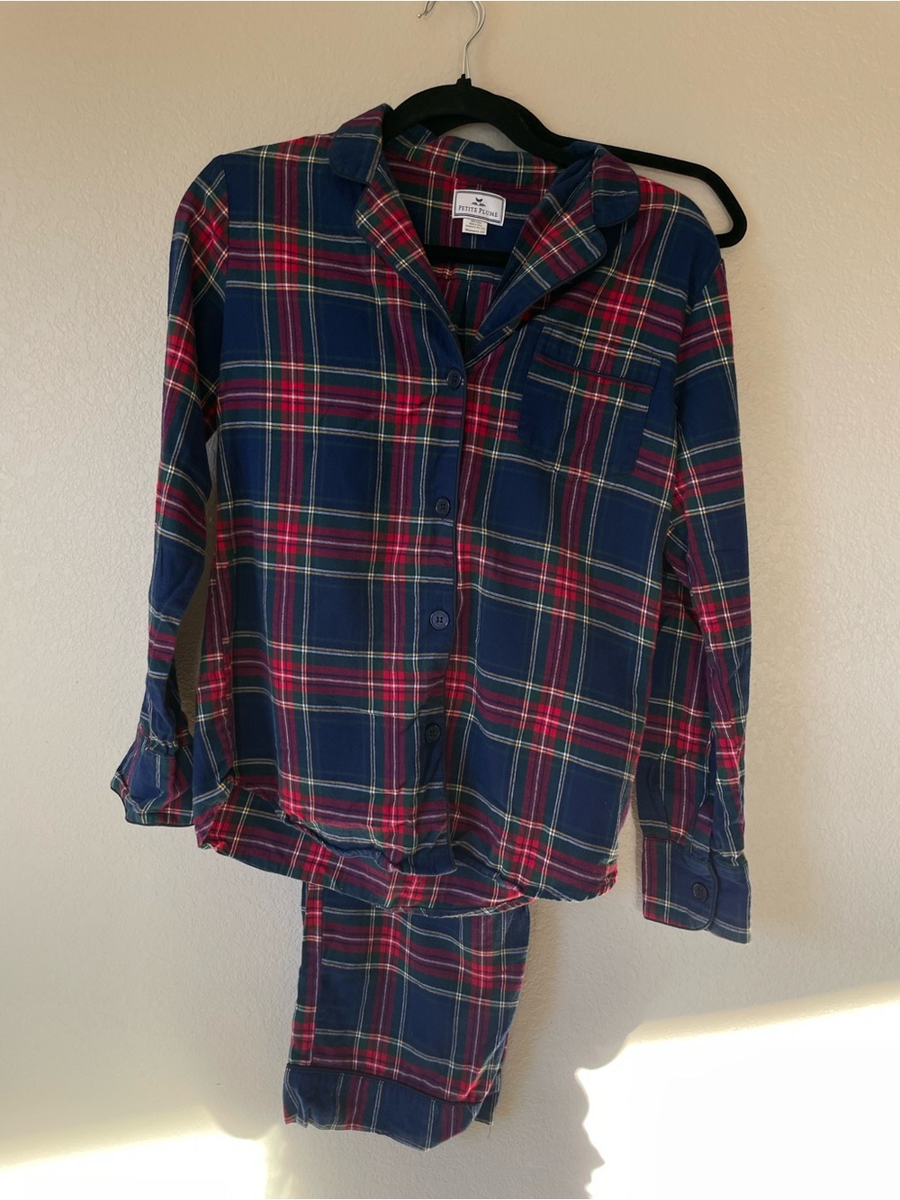 Petite Plume 100% Cotton Plaid Pajama Set Navy Flannel Long Sleeve XS Women